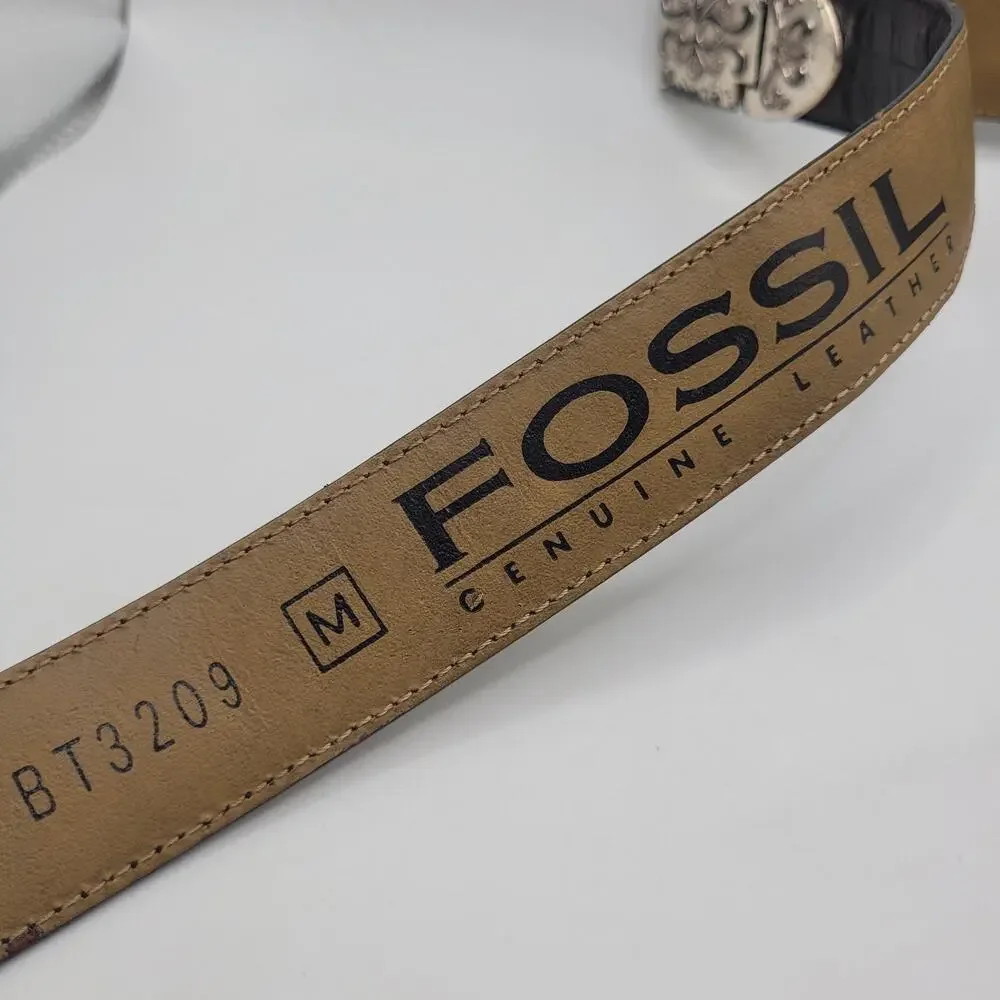 Fossil Belt Womens Med Black Leather Western Engraved Cowgirl Boho Rodeo Patina